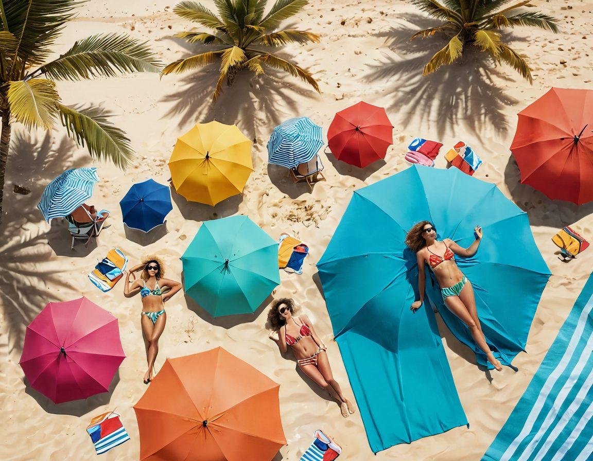A stylish beach scene featuring diverse individuals trying on various swimwear styles, colorful umbrellas, and beach towels spread out in the sand. The ocean waves gently crash in the background, with palm trees swaying in the breeze. Overlay fashion tips in elegant typography. Vibrant colors. 3D.